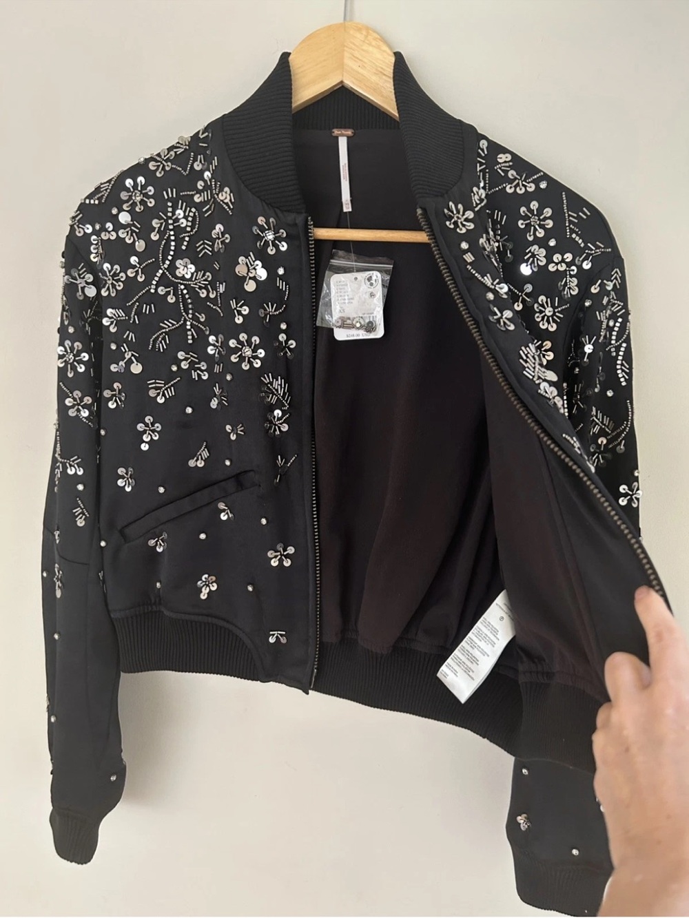Free People Stassi Black Satin Embellished Beaded Bomber Jacket NWT Size XS - Picture 8 of 11